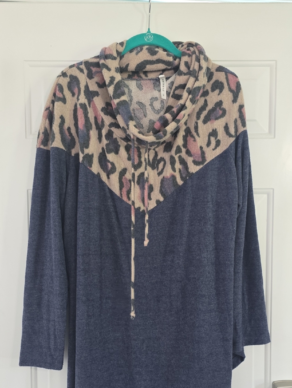 Emerald Navy Cowl-Neck Sweater with Leopard Print Trim